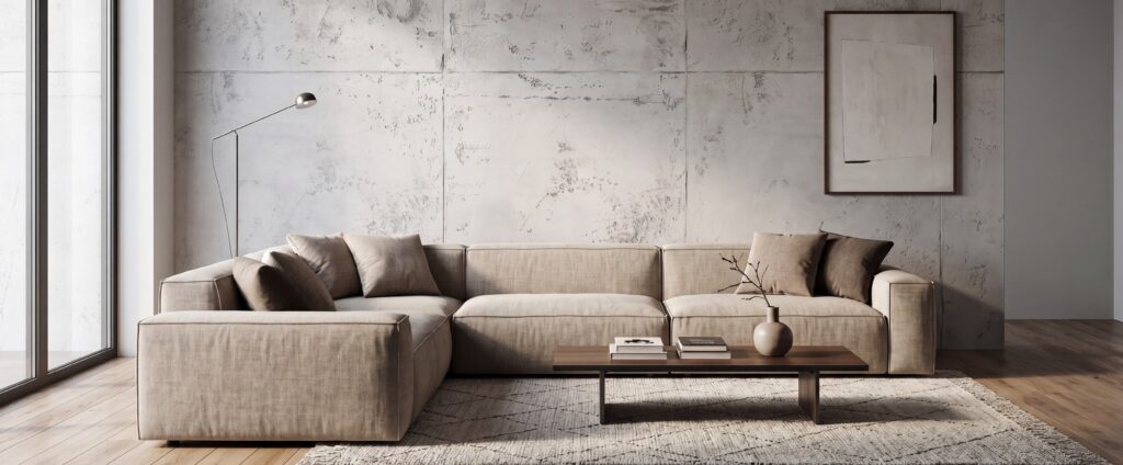 Ein modernes Wohnzimmer mit COLORIAMO-Betonoptik-Wänden und einem stilvollen Sofa in neutralen Tönen. | © COLORIAMO