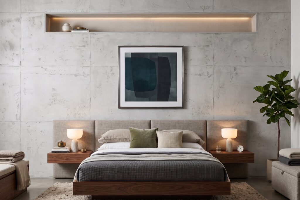 Schlafzimmer mit eleganter COLORIAMO-Betonoptik-Spachteltechnik und modernem Design, das Gemütlichkeit ausstrahlt.