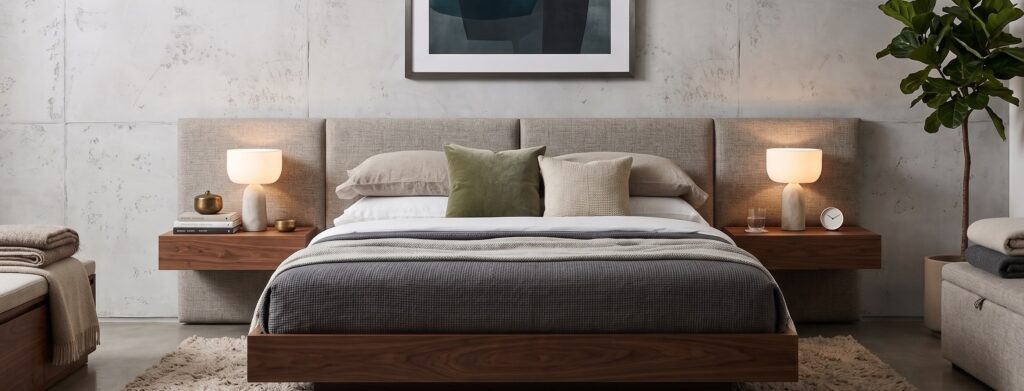 Schlafzimmer mit COLORIAMO-Betonoptik, stilvollem Designboden und gemütlicher Beleuchtung für modernes Wohnen.