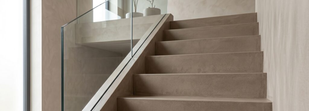 Moderne COLORIAMO-Betonoptik-Treppe mit Rustico-Oberfläche und elegantem Glasgeländer im minimalistischen Raum.