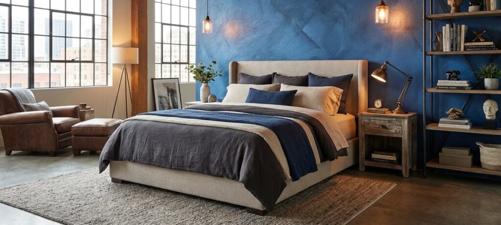 Ein modernes Schlafzimmer mit COLORIAMO-Magic-Blue-Wandgestaltung und stilvollem Designboden in Betonoptik. | © COLORIAMO