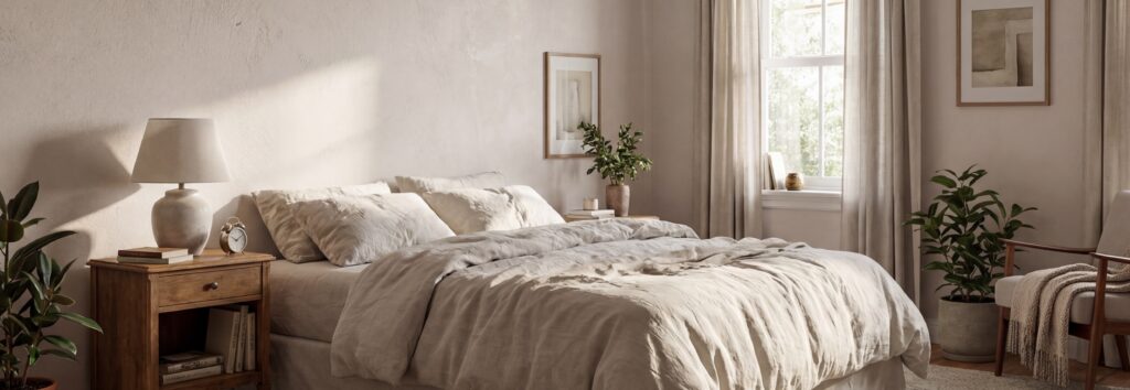 Schlafzimmer mit sanften Farben und Pflanzen, gestaltet mit COLORIAMO Marmor-Streichputz für eine elegante <a href=