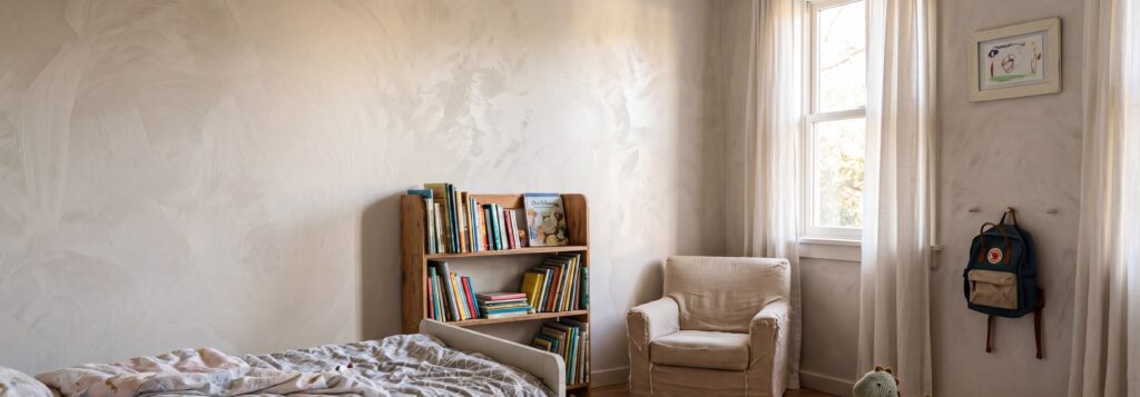 Das Kinderzimmer zeigt eine sanfte Wandgestaltung mit COLORIAMO-Metallspachtel in neutralen Tönen. | © COLORIAMO