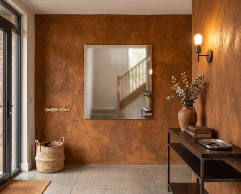 Eleganter Eingangsbereich mit COLORIAMO-Rostspachtel, stilvollem Designboden und dekorativen Akzenten. | © COLORIAMO