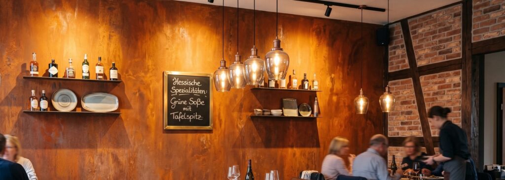 Ein stilvolles Restaurant mit Rostspachtel-Wandgestaltung und warmem Licht schafft eine einladende Atmosphäre. | © COLORIAMO