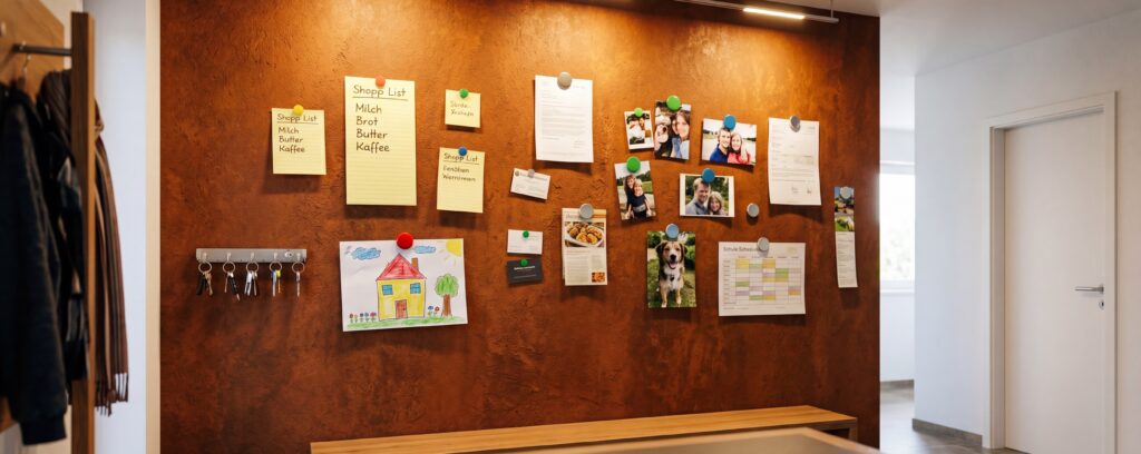 Die COLORIAMO-Rostwand im Eingangsbereich dient als stylische Akzentwand für kreative Notizen und Fotos.