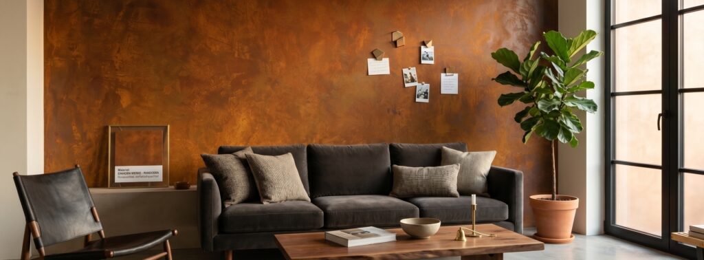 Stilvolle Rostwand im Loft schafft mit Eisenoxid-Patina einen modernen Industrial-Look im Wohnzimmer. | © COLORIAMO