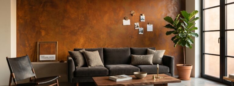 Moderne Wohnzimmergestaltung mit COLORIAMO-Rostwand als Akzent, braune Töne und gemütliche Möbel schaffen Atmosphäre.