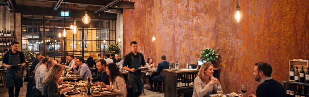 Die COLORIAMO Rostwand im Restaurant bietet eine beeindruckende Eisenoxid-Patina als urbanen Designakzent.