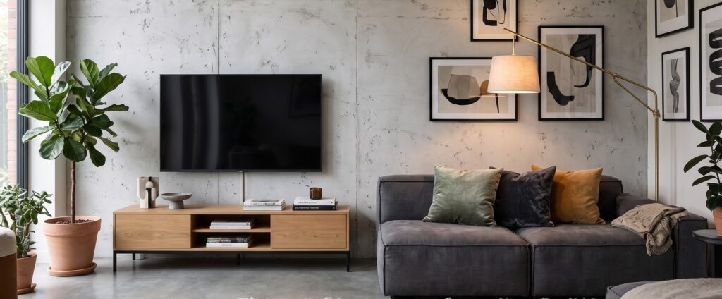 Stylisches Wohnzimmer mit COLORIAMO-Wand in Betonoptik, eleganter Couch und dekorativen Pflanzen im modernen Design.