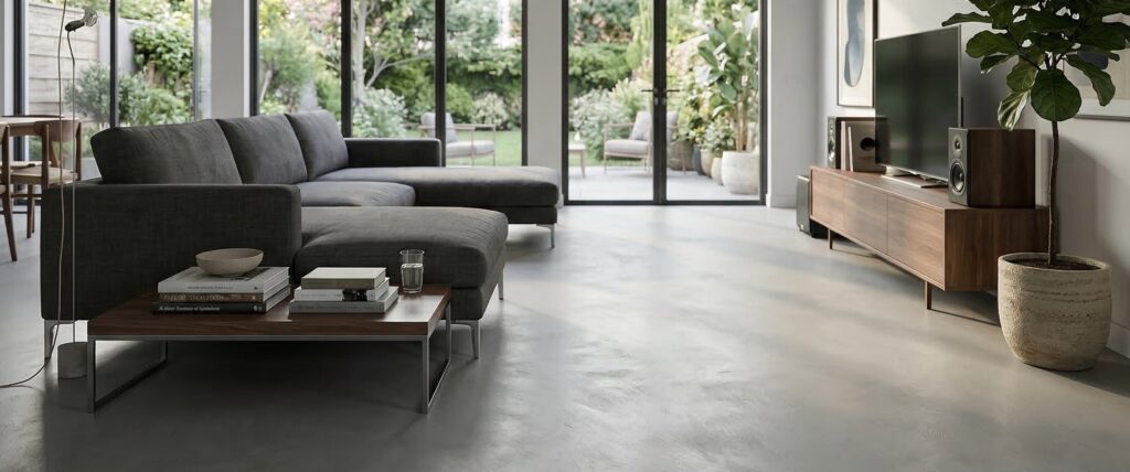 Fugenloser Designboden in Betonoptik verbindet Wohnzimmer und Gartenbereich harmonisch und modern. | © COLORIAMO