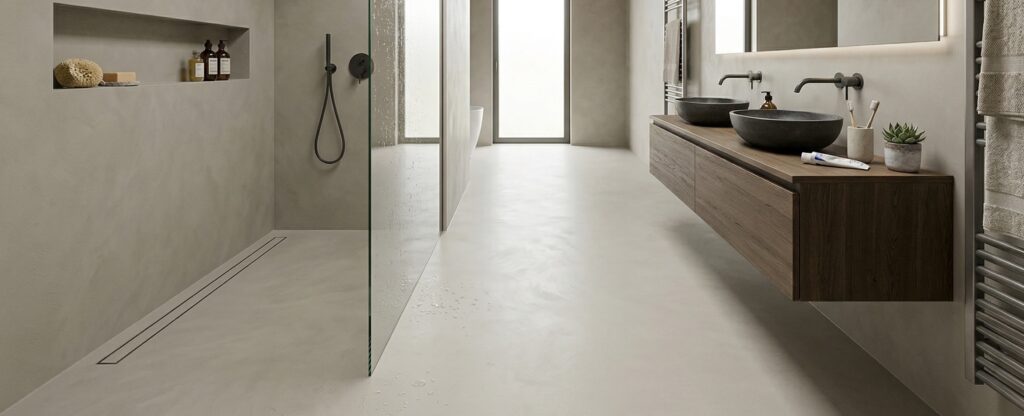 Modernes Badezimmer mit fugenloser Dusche, Betonoptik und eleganter Wandgestaltung in einem stilvollen Design. | © COLORIAMO