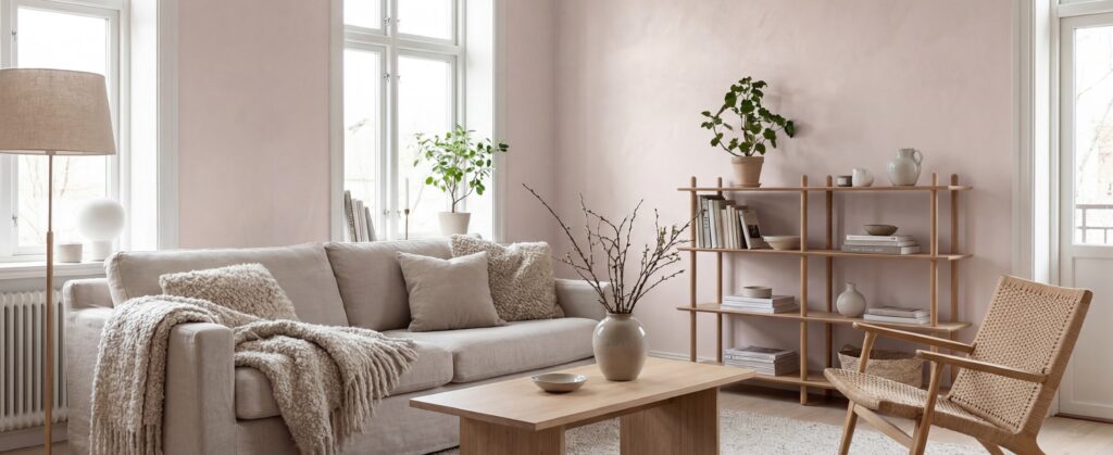 Ein stilvolles Wohnzimmer im skandinavischen Stil mit einer eleganten COLORIAMO-Wandgestaltung aus Marmor-Streichputz.