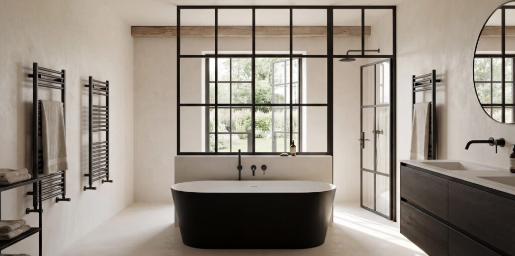 Fugenloses Bad mit Walk-in-Dusche, minimalistischer Stil und helles Tageslicht schaffen eine einladende Atmosphäre. | © COLORIAMO