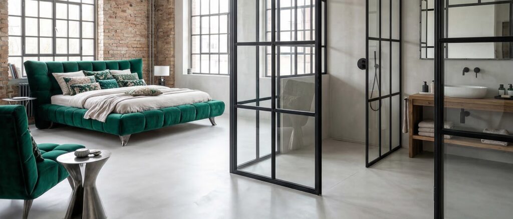 Heller fugenloser Designboden in modernem Wohnzimmer mit Tageslicht und charakteristischer Betonoptik. | © COLORIAMO