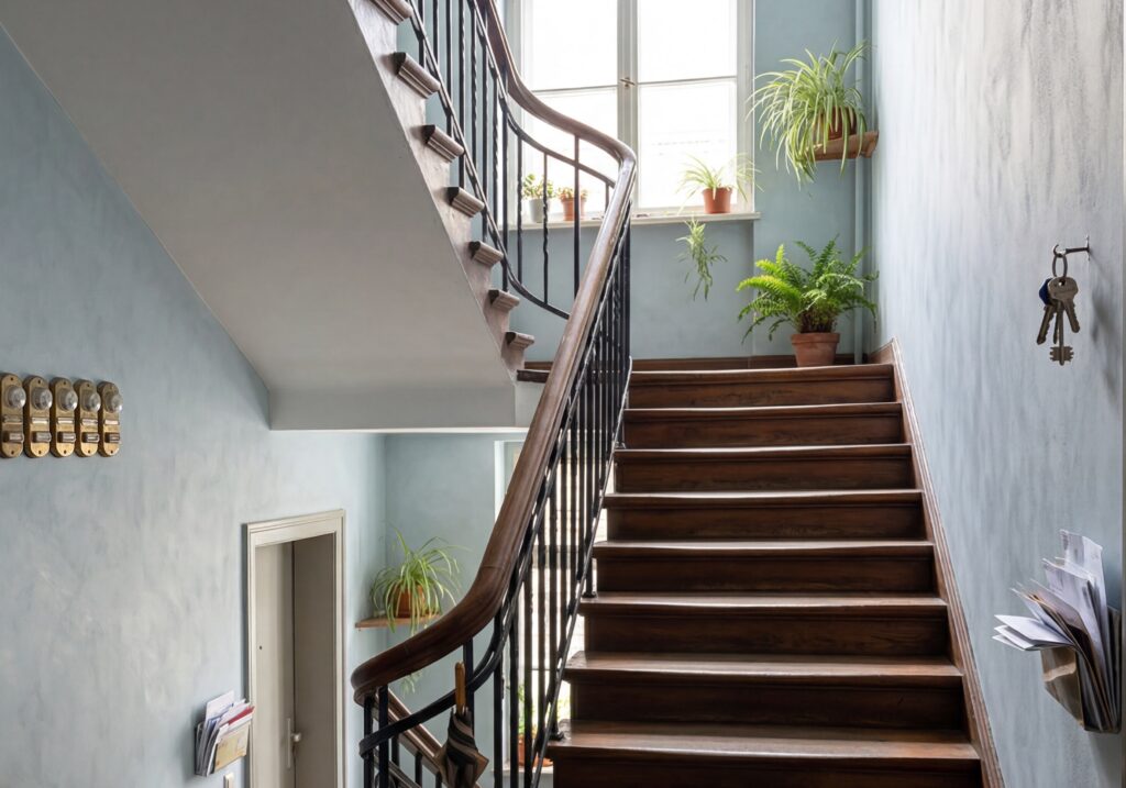 Elegante Treppe mit handwerklich gespachtelten Wänden in Betonoptik, umgeben von Pflanzen und natürlichem Licht. | © COLORIAMO