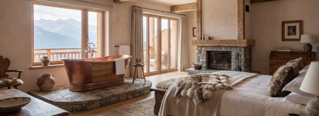 Elegantes Hotel-Schlafzimmer mit freistehender Badewanne und natürlicher Wandgestaltung in Betonoptik. | © COLORIAMO
