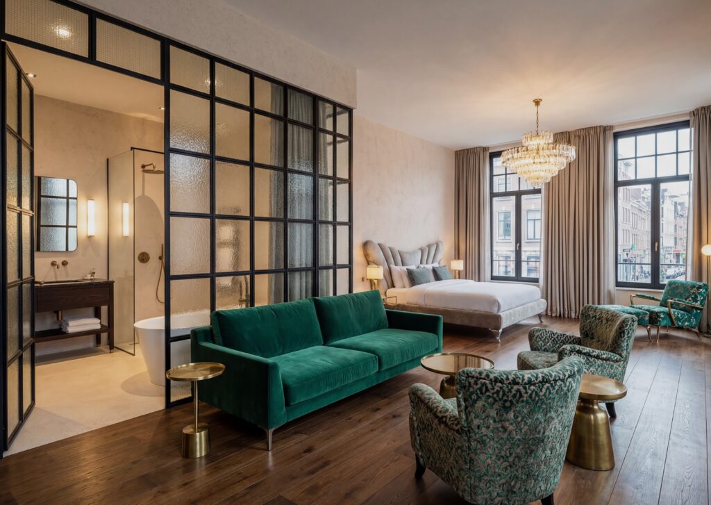 Luxuriöses Hotelzimmer mit fugenlosem Bad, DESIGNBODEN und stylishen Möbeln, gestaltet mit COLORIAMO Marmorputz.