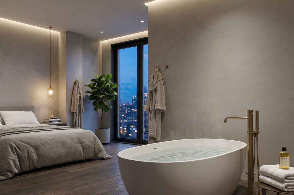 Fugenloses Bad mit Kalkputz und elegantem Designboden, ideal für modernes Wohnen | © COLORIAMO