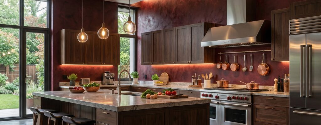 Moderne Küche mit COLORIAMO Magic Red auf Marmor-Streichputz, elegantes Design und luxuriöse Atmosphäre | © COLORIAMO