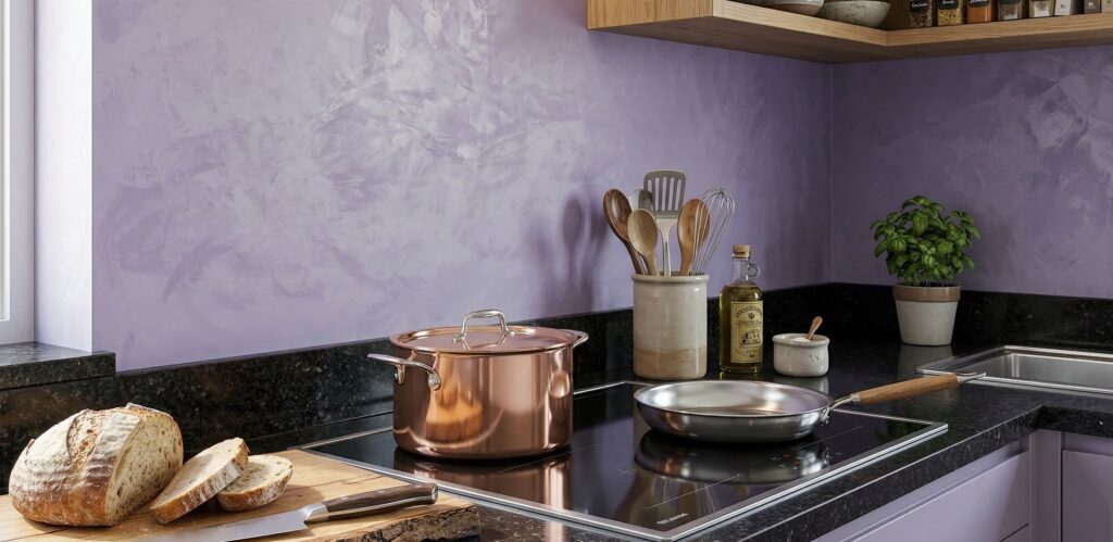 Küche mit COLORIAMO Metallspachtel und eleganter Wandgestaltung in Betonoptik, ideal für modernes Wohnen. | © COLORIAMO