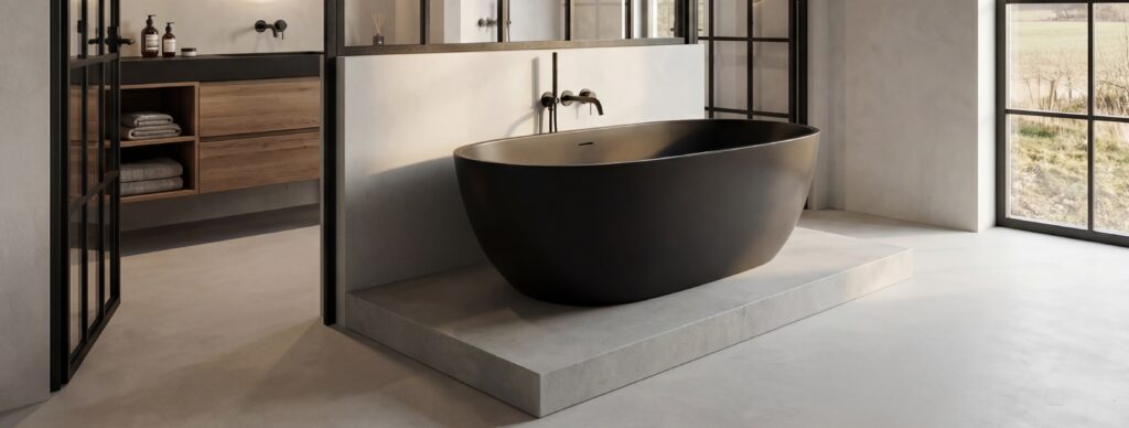 Luxuriöses Loft-Badezimmer mit fugenloser Dusche und Betonoptik, gestaltet mit COLORIAMO Fugenlosspachtel | © COLORIAMO