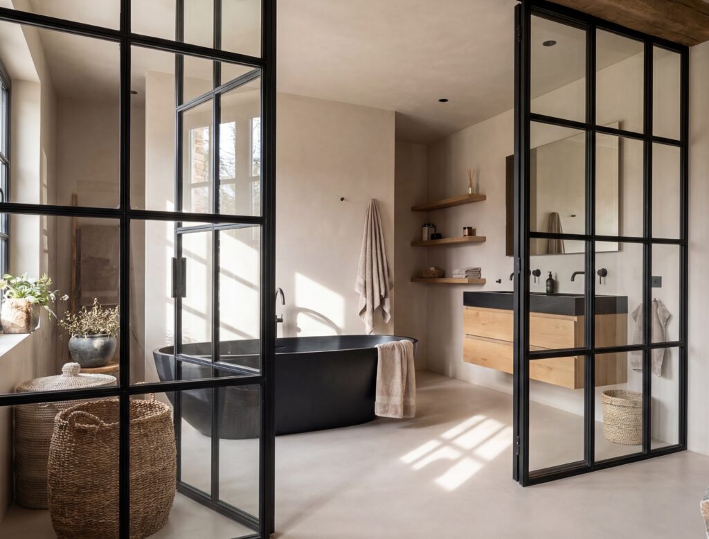Modernes Badezimmer mit fugenloser Microzement-Oberfläche und eleganter Wanne in edlem Design | © COLORIAMO