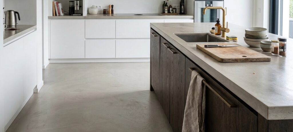Moderne Loftküche mit fugenlosem Betonboden und großen Fenstern, die Tageslicht hereinlassen. | © COLORIAMO