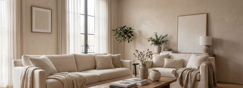 Modernes Wohnzimmer mit COLORIAMO Marmorputz und eleganter Wandgestaltung, hellen Sofas und Pflanzenakzenten.