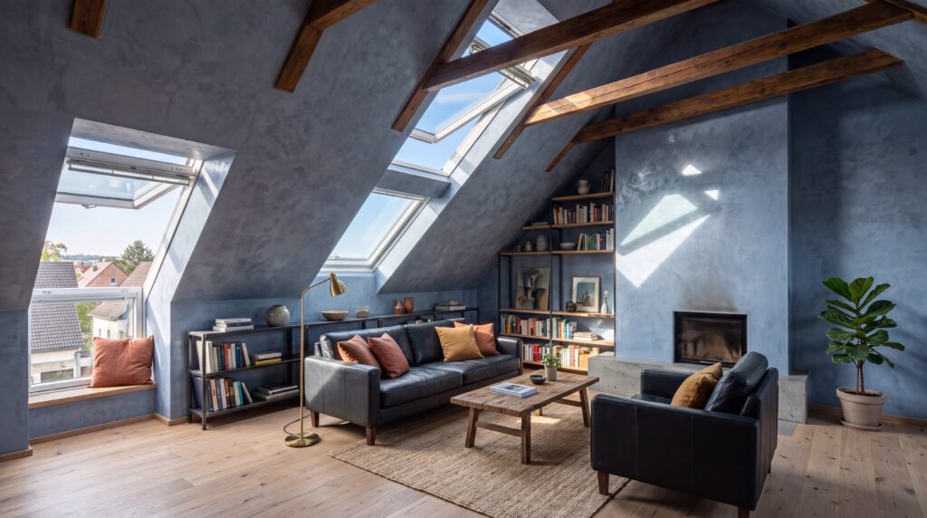 Moderne Wohnzimmergestaltung mit COLORIAMO Metallspachtel und fugenloser Betonoptik auf der Dachschräge.