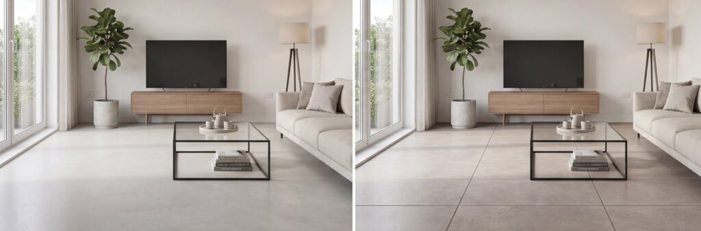 Vergleich von Designboden in Betonoptik und Fliesen im Wohnzimmer für modernes, fugenloses Wohnen. | © COLORIAMO