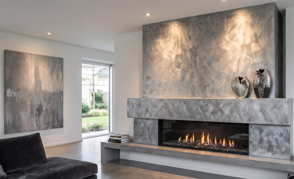 Moderne Wandgestaltung mit Coloriamo Effektlasur und Kamin in Betonoptik, ideal für Wohnzimmer. | © Coloriamo