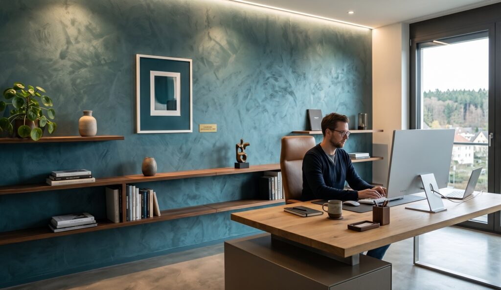 Moderne Wandgestaltung im Büro mit Coloriamo Metallspachtel in Betonoptik und stilvollem Holzinterieur. | © COLORIAMO