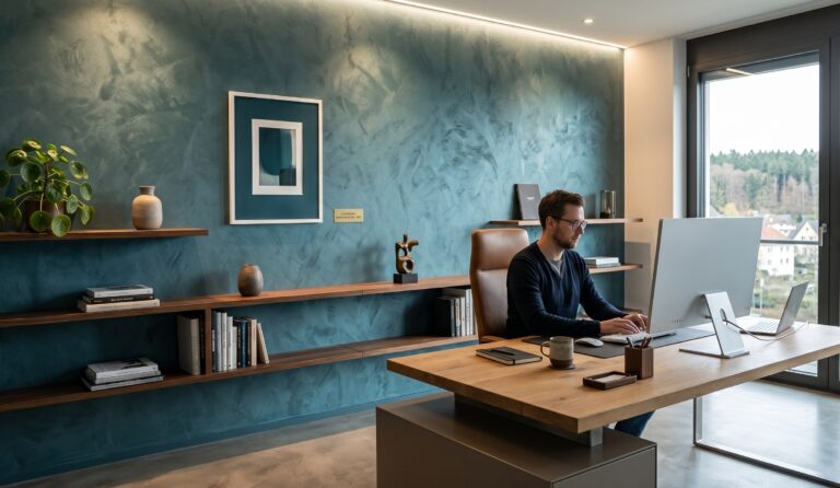 Moderne Wandgestaltung im Büro mit Coloriamo Metallspachtel in Betonoptik und stilvollem Holzinterieur. | © COLORIAMO