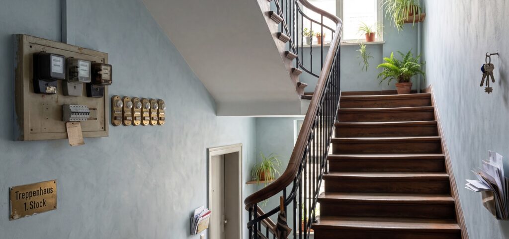 Elegante Wandgestaltung im Treppenhaus mit sanften Farben und Holztreppe, die einladend wirkt. | © COLORIAMO