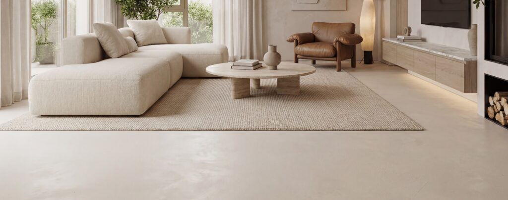 Modernes Wohnzimmer mit COLORIAMO-Bodenbeschichtung in Betonoptik, gemütlichem Sofa und stilvollem Dekor.