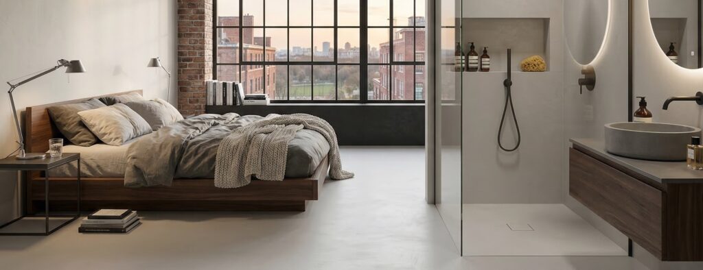 Modernes Wohnzimmer mit Bodenbeschichtung in betonoptik und minimalistischer Gestaltung für ein stilvolles Ambiente. | © COLORIAMO