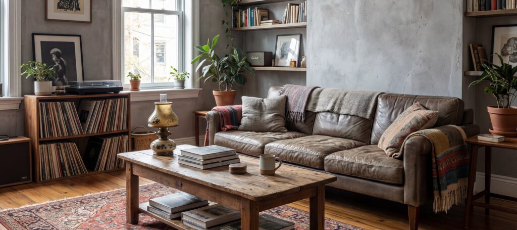 Modernes Wohnzimmer mit COLORIAMO Marmorputz, gemütlichem Sofa und Bücherregal, ideal für stilvolle Wandgestaltung.