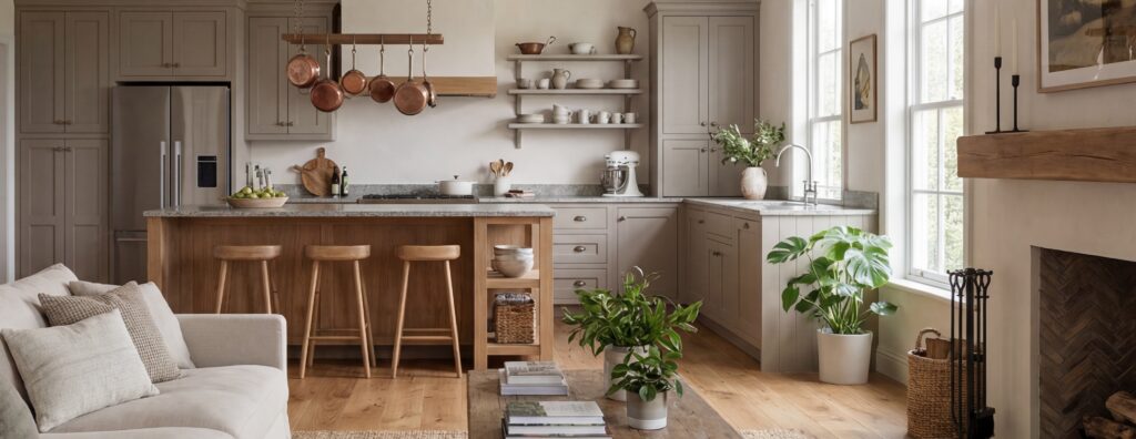 Modernes Wohnzimmer mit offener Küche, ausgestattet mit COLORIAMO Kalk-Marmor-Oberfläche und feiner Spachtelstruktur.