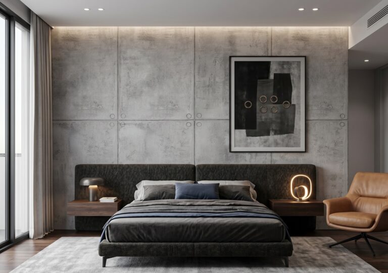 Modernes Schlafzimmer mit Betonoptik-Wand und stilvollem Designboden, ideal für fugenlose Badgestaltungen. | © COLORIAMO