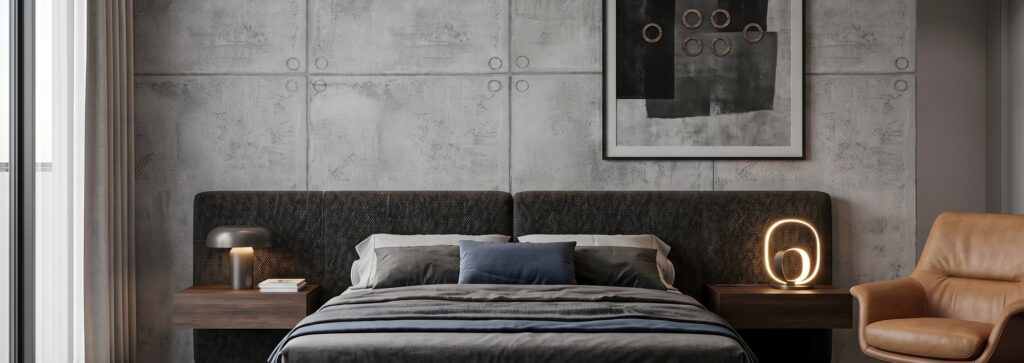 Modernes Schlafzimmer mit Betonoptik-Wand und stilvollem Mobiliar für eine fugenlose, elegante Raumgestaltung. | © COLORIAMO
