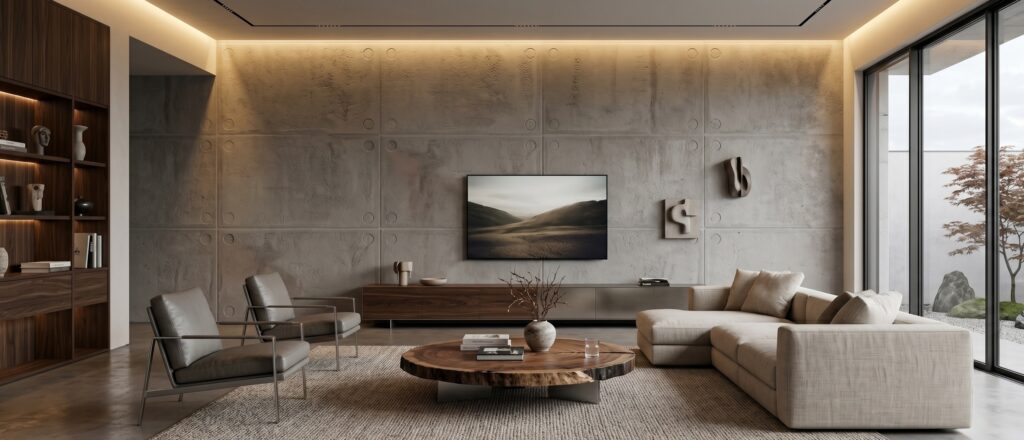 Modernes Wohnzimmer mit iStonic-Beton-Akustikbeton-Wandgestaltung und minimalistischen Möbeln in Betonoptik. | © COLORIAMO