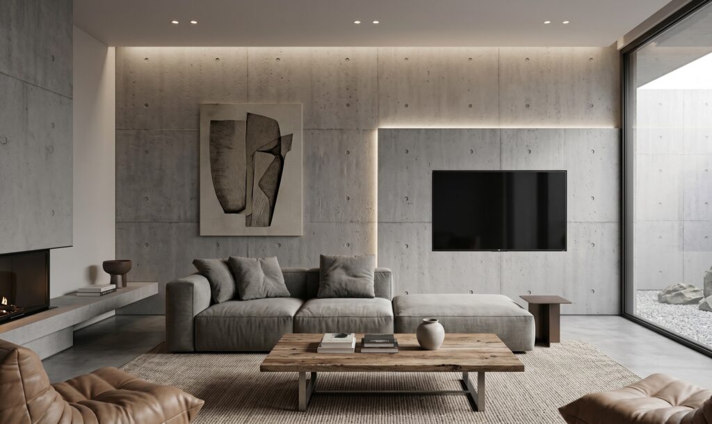 Stylisches Wohnzimmer mit iStonic-Betonoptik-Wand, moderner Beleuchtung und natürlichem Holzmobiliar. | © COLORIAMO