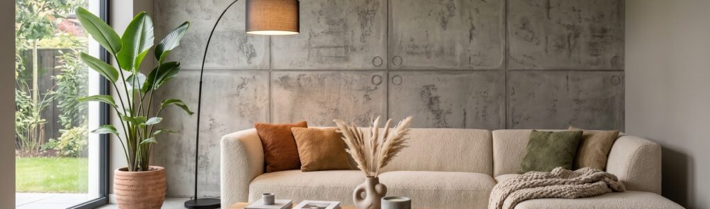 Wohnzimmer mit stilvoller Sichtbetonwand, grünem Pflanzenarrangement und gemütlicher Couch, inspiriert von COLORIAMO.
