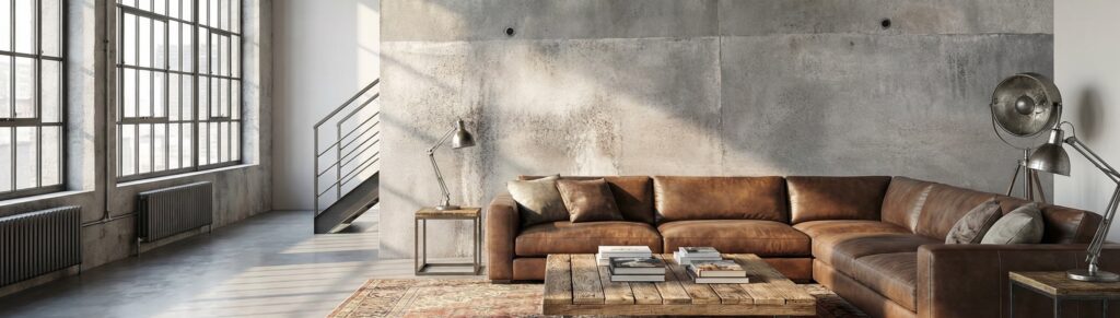 Modernes Wohnzimmer mit Sichtbetonwand und stylischem Sofa, gestaltet mit iStonic von COLORIAMO. | © COLORIAMO