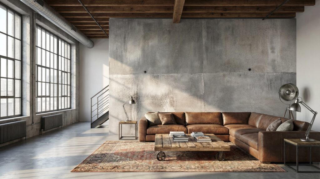 Moderne Wohnzimmergestaltung mit sichtbeton und stylischem Designboden, kombiniert mit einer gemütlichen Ledercouch. | © COLORIAMO
