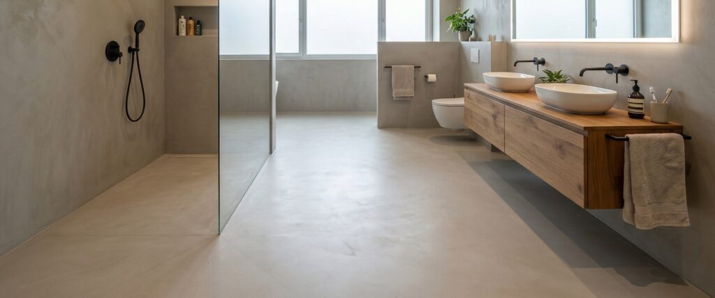 Badezimmer in Betonoptik mit COLORIAMO Fugenlosspachtel Fino CR4