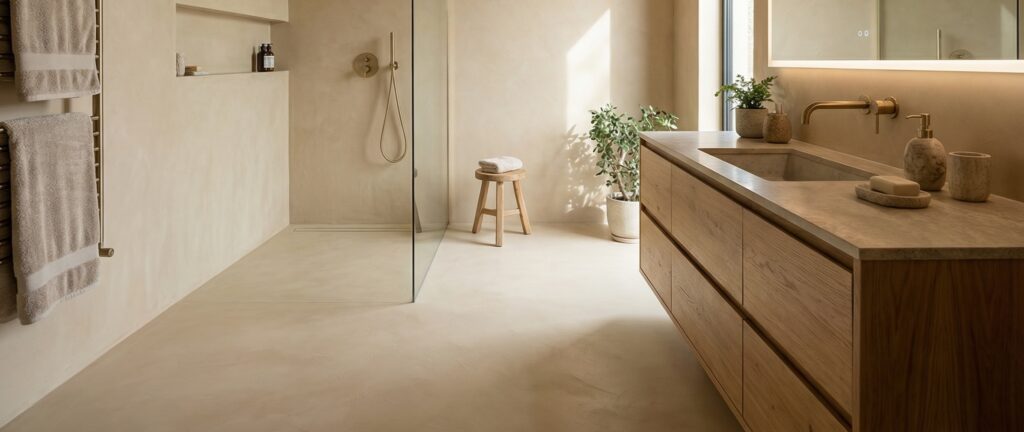 Badezimmer mit COLORIAMO Designboden Fugenlosspachtel Fino CR5-37806