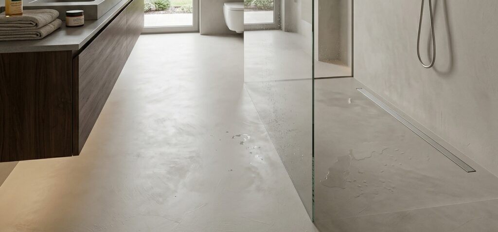 Badezimmer mit COLORIAMO Fugenlosspachtel Fino in Betonoptik im Farbton CR4