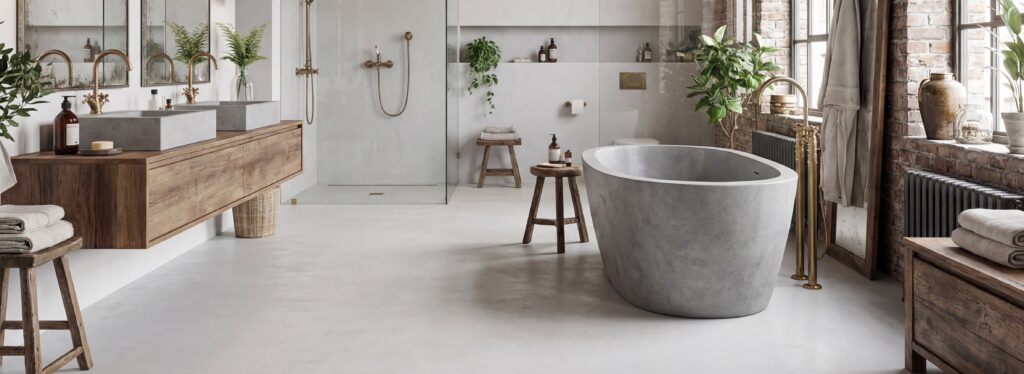Design Fußboden im Bad im Loft COLORIAMO Fugenlosspachtel Fino CR8